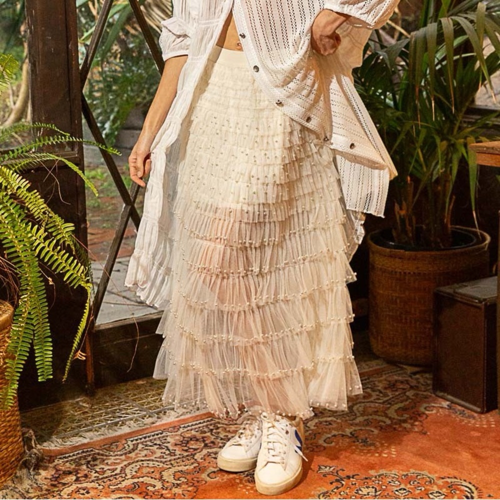 POL Pearl Detail Sheer Long Mesh Skirt Size S/M Cream Fairy Romantic Boho Whimsy